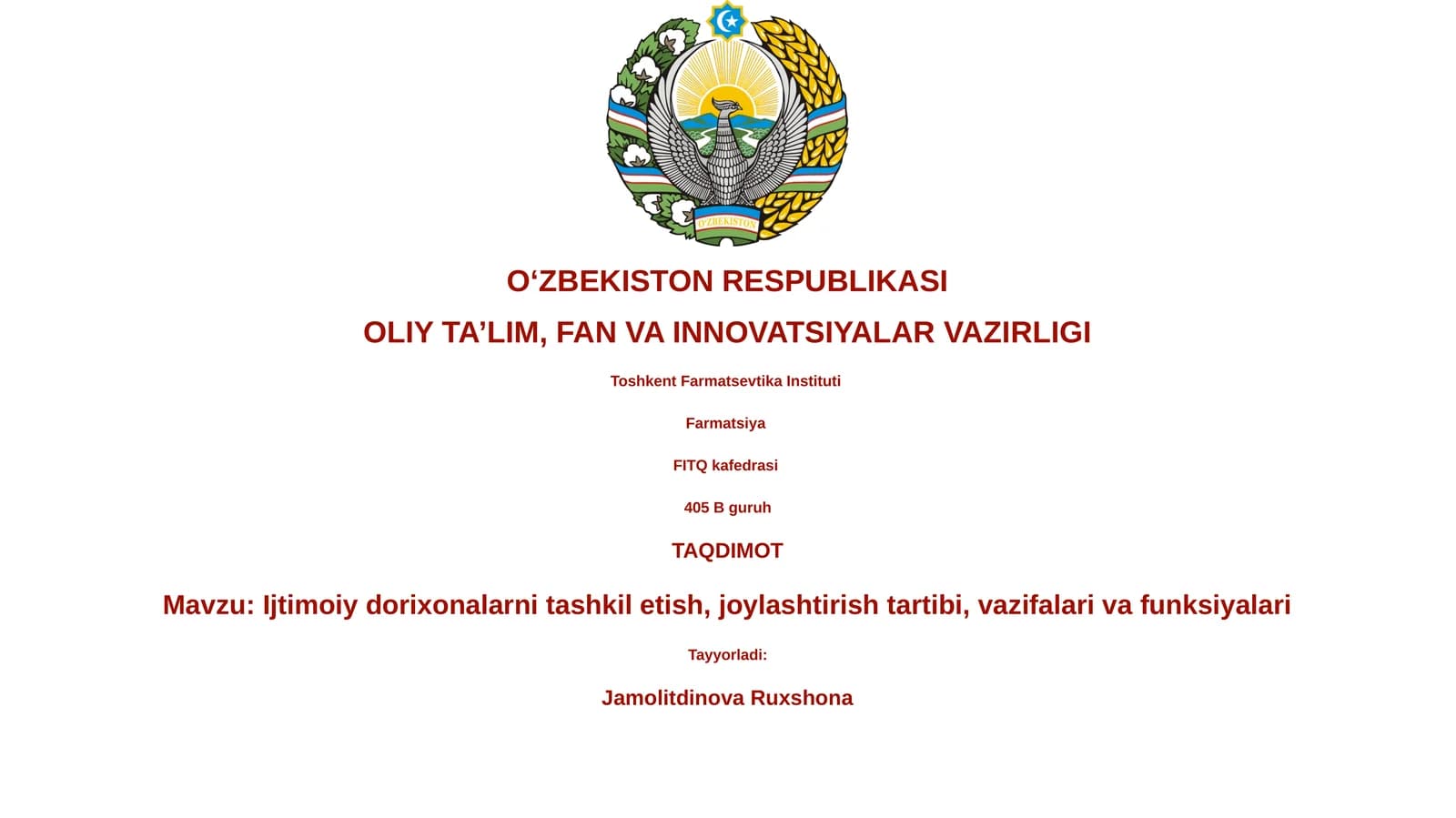 Ijtimoiy dorixonalarni tashkil etish, joylashtirish tartibi, vazifalari va funksiyalari