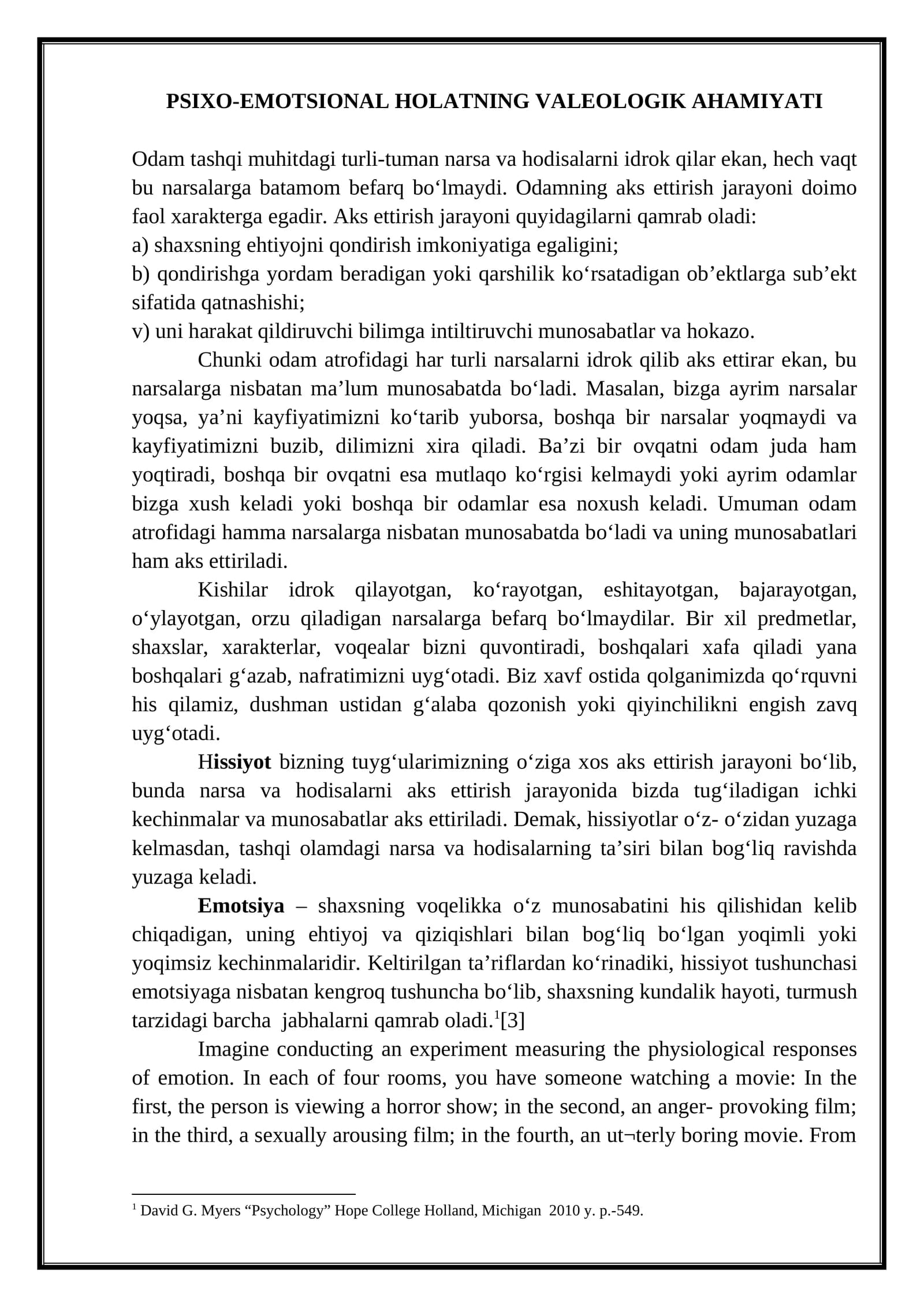 PSIXO-EMOTSIONAL HOLATNING VALEOLOGIK AHAMIYATI