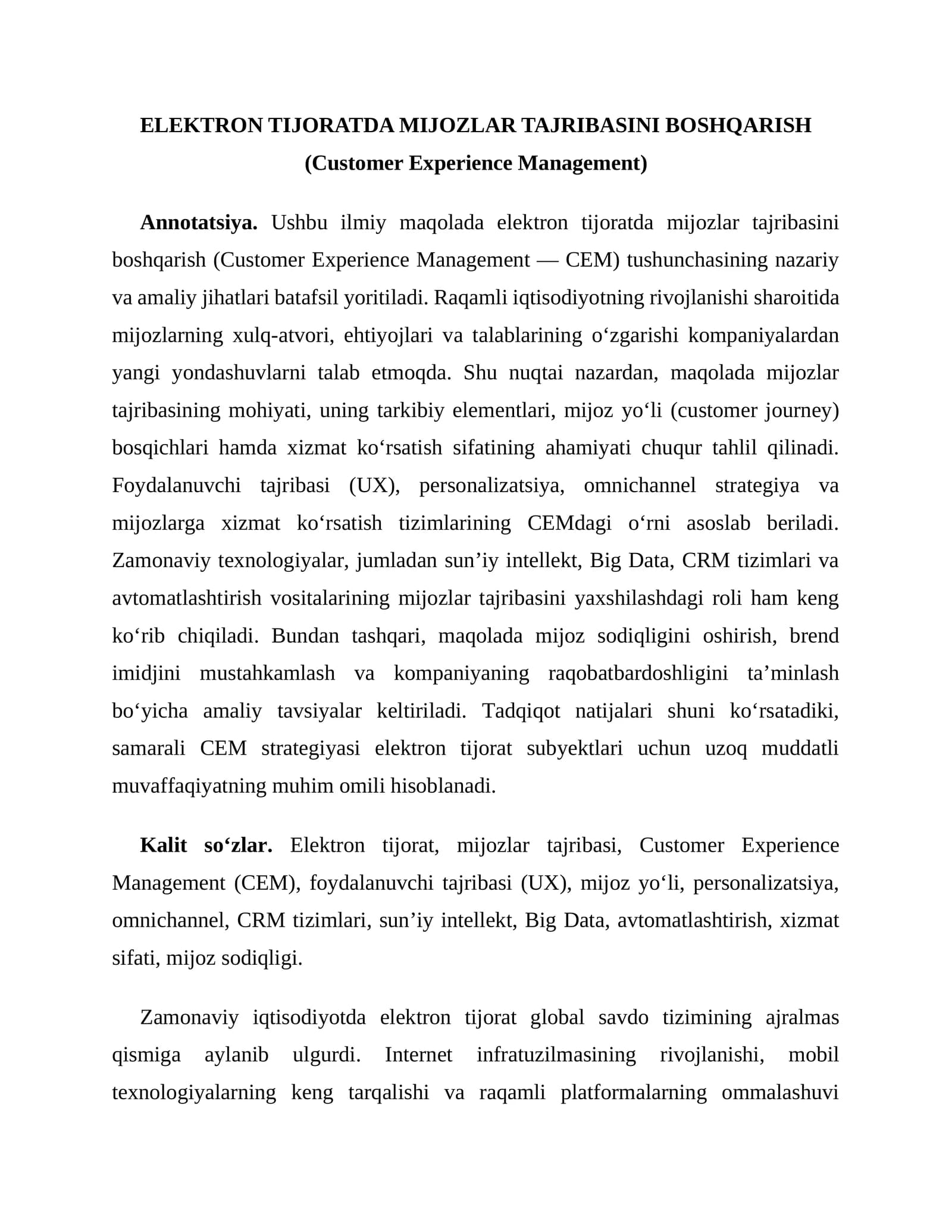 ELEKTRON TIJORATDA MIJOZLAR TAJRIBASINI BOSHQARISH (Customer Experience Management)