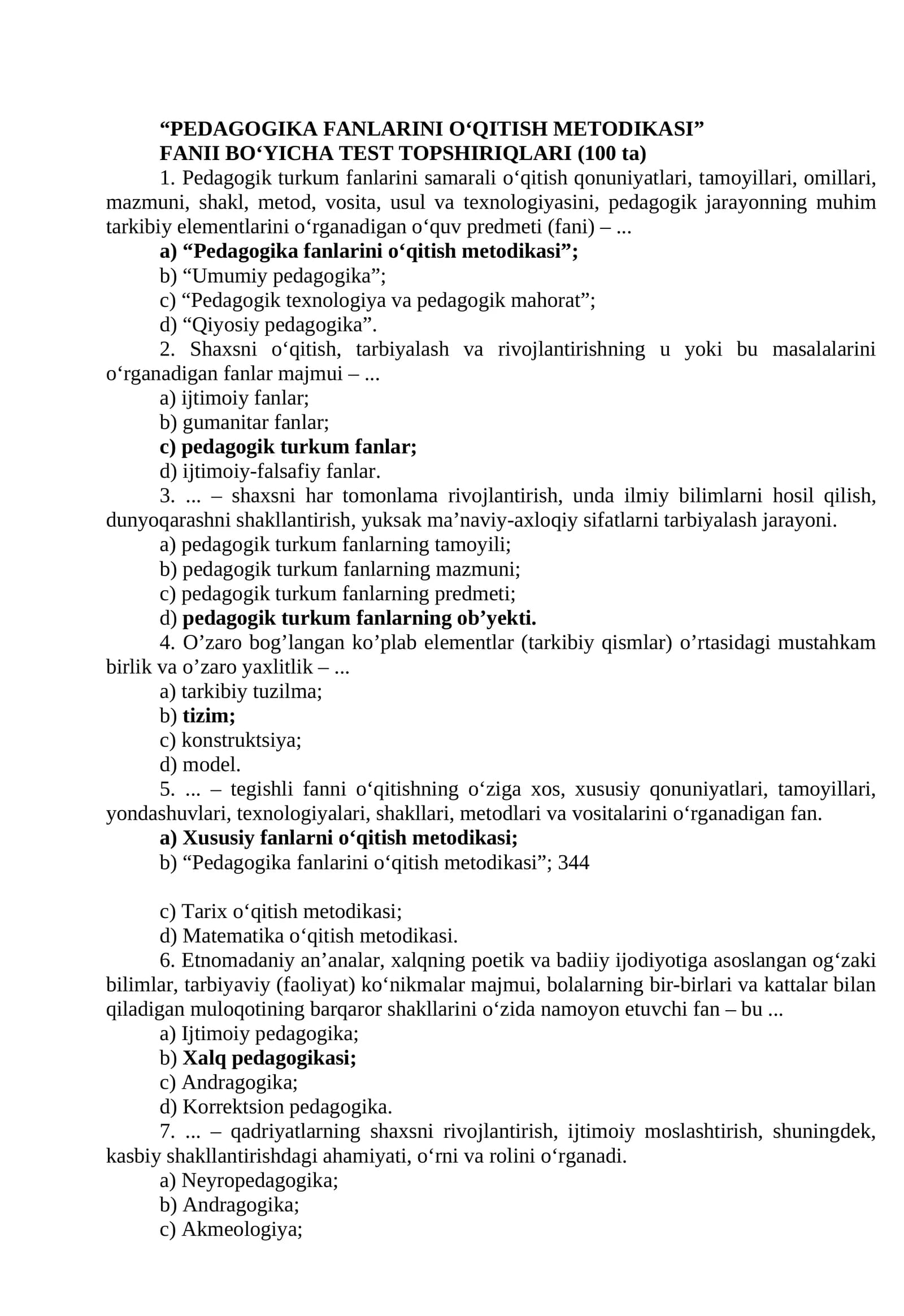 “PEDAGOGIKA FANLARINI O‘QITISH METODIKASI”  FANI BO‘YICHA TEST TOPSHIRIQLARI (100 ta)