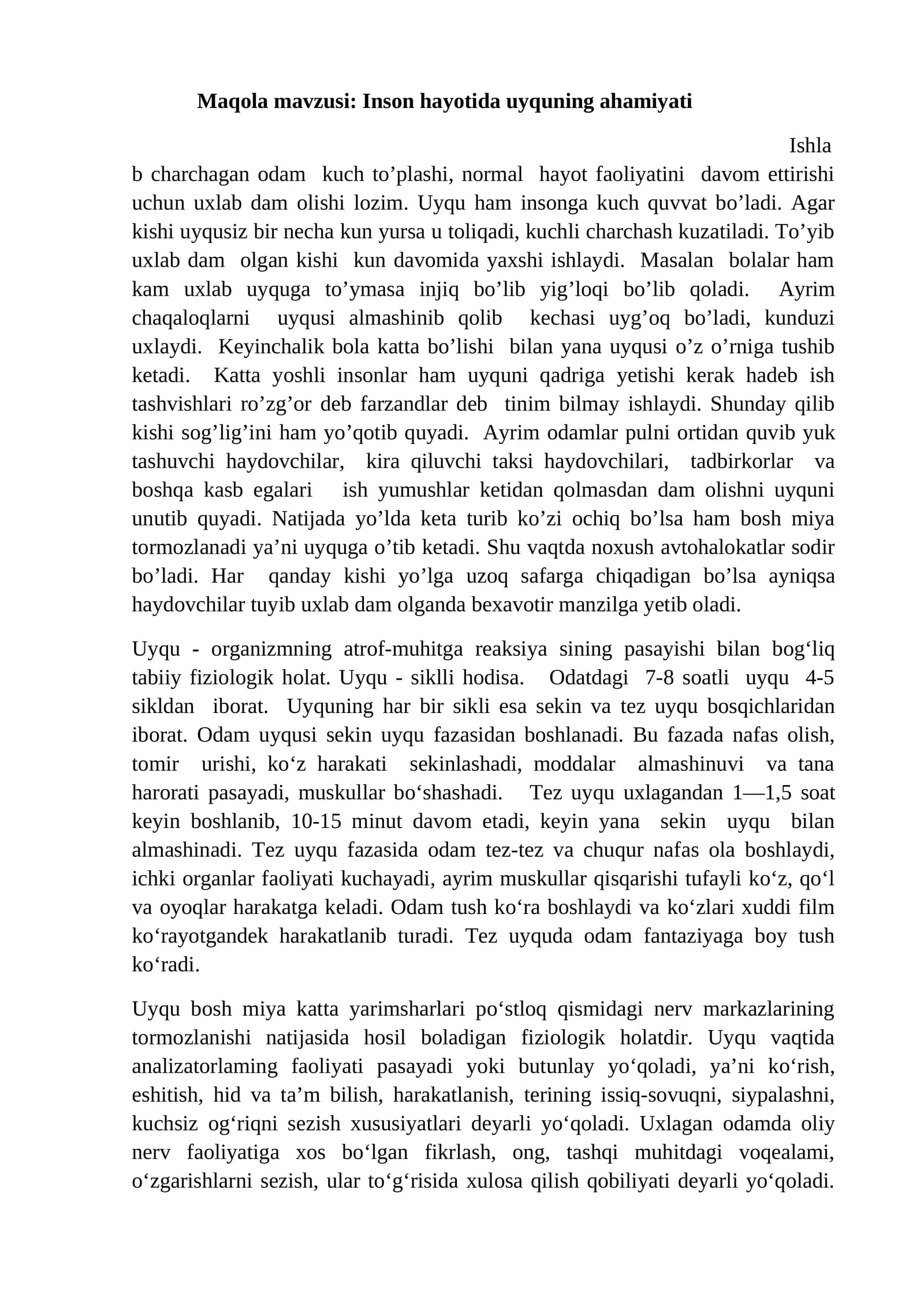 Inson hayotida uyquning ahamiyati