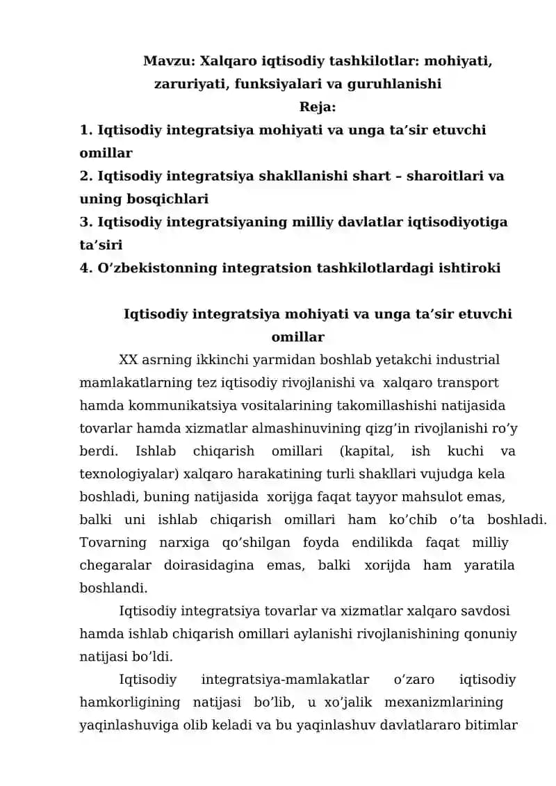 Xalqaro iqtisodiy tashkilotlar: mohiyati, zaruriyati, funksiyalari va guruhlanishi