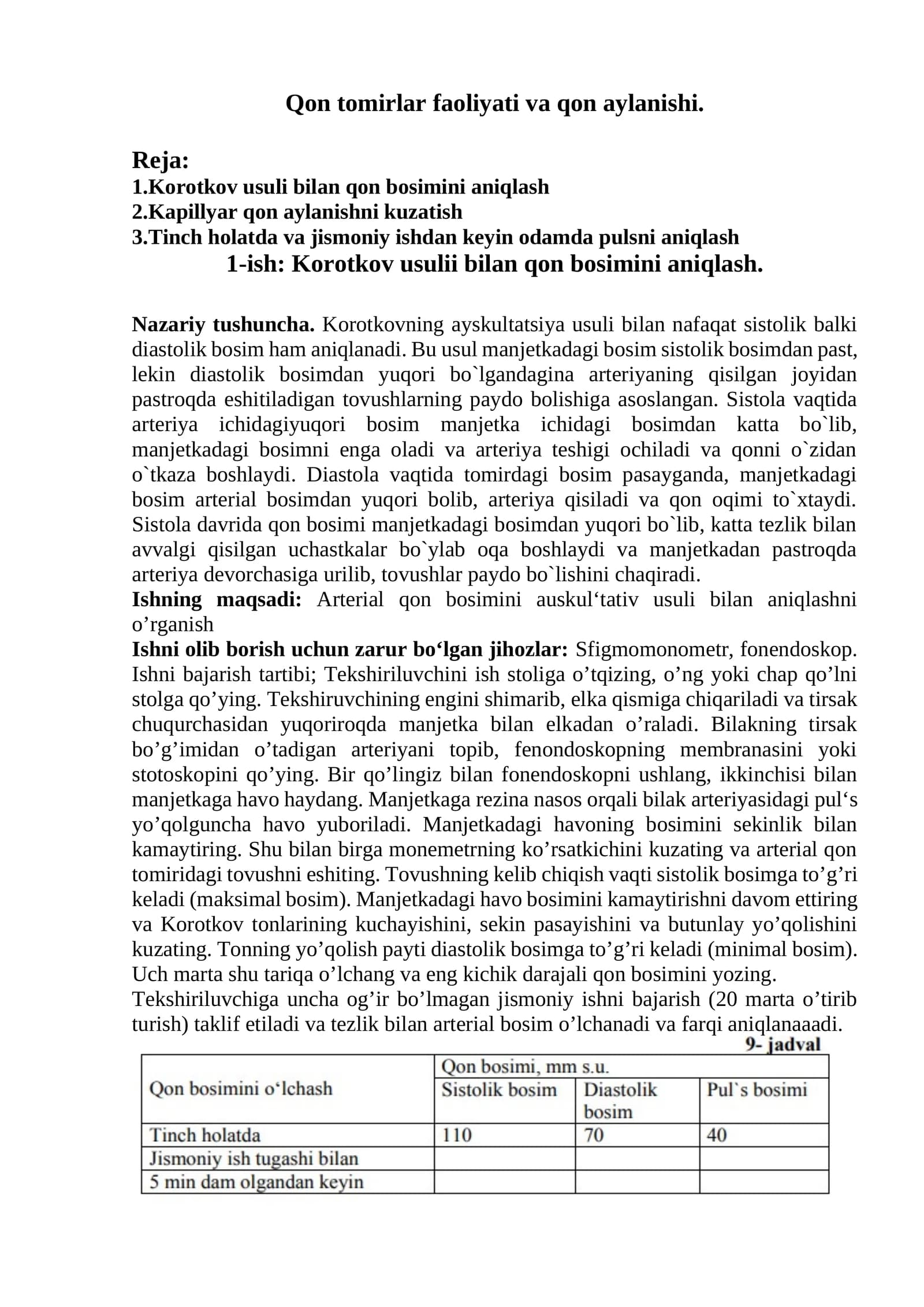 Qon tomirlar faoliyati va qon aylanishi