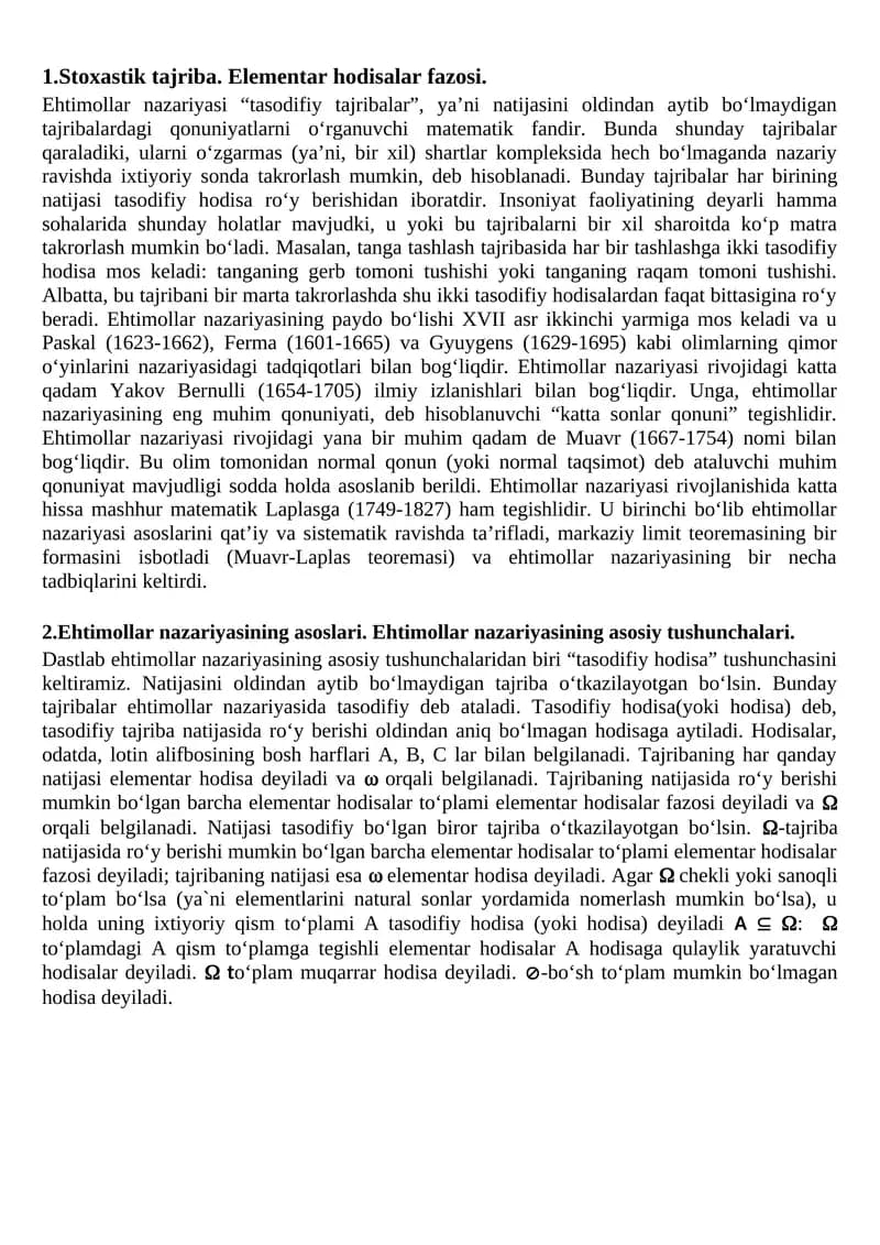 Stoxastik tajriba. Elementar hodisalar fazosi.