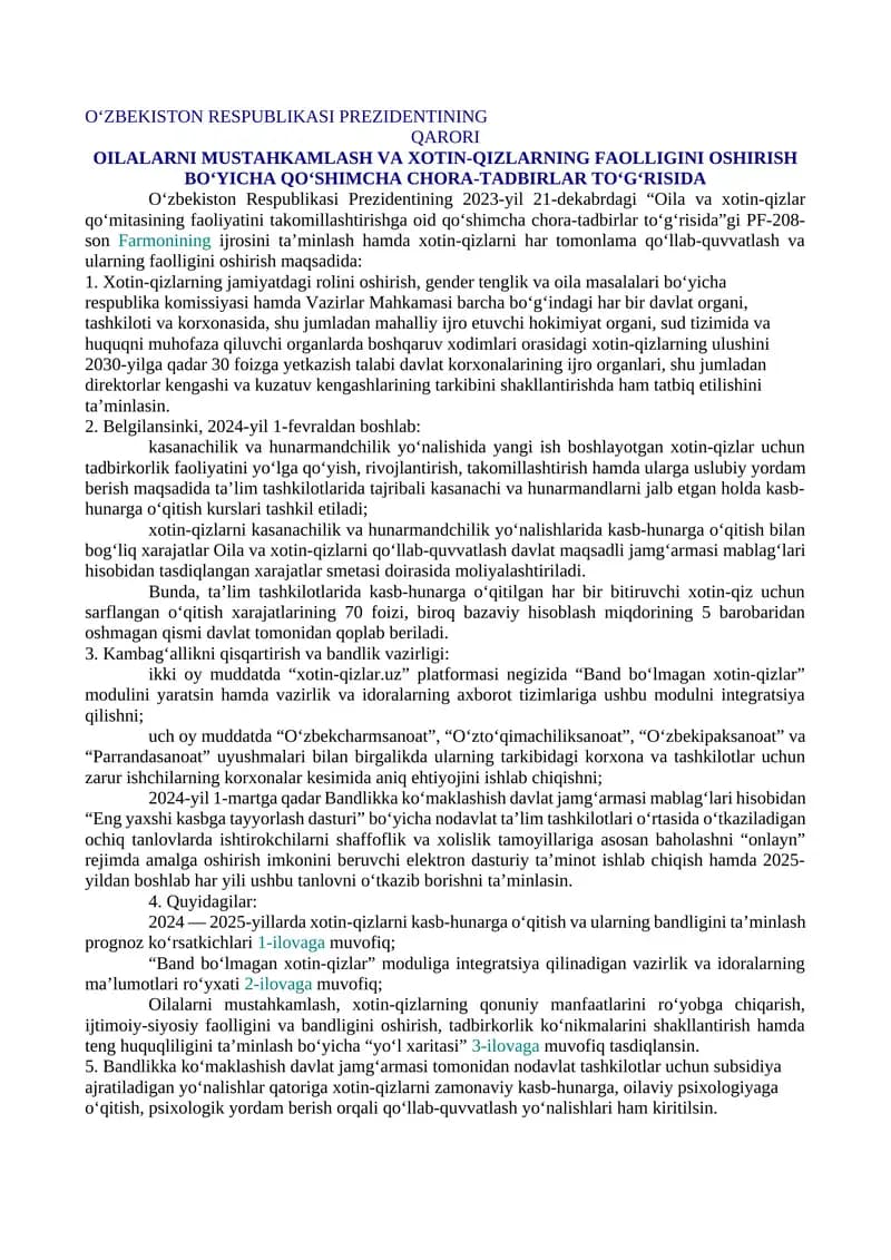 OILALARNI MUSTAHKAMLASH VA XOTIN-QIZLARNING FAOLLIGINI OSHIRISH BO‘YICHA QO‘SHIMCHA CHORA-TADBIRLAR TO‘G‘RISIDA