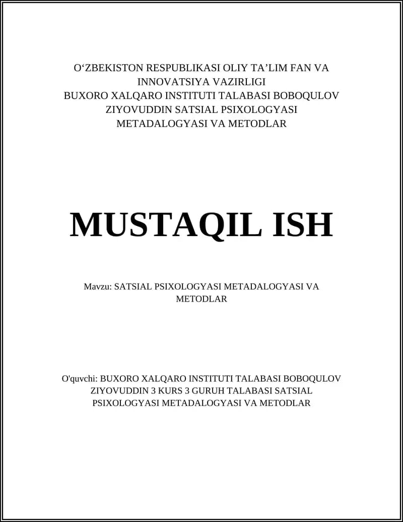 SATSIAL PSIXOLOGYASI METADALOGYASI VA METODLAR