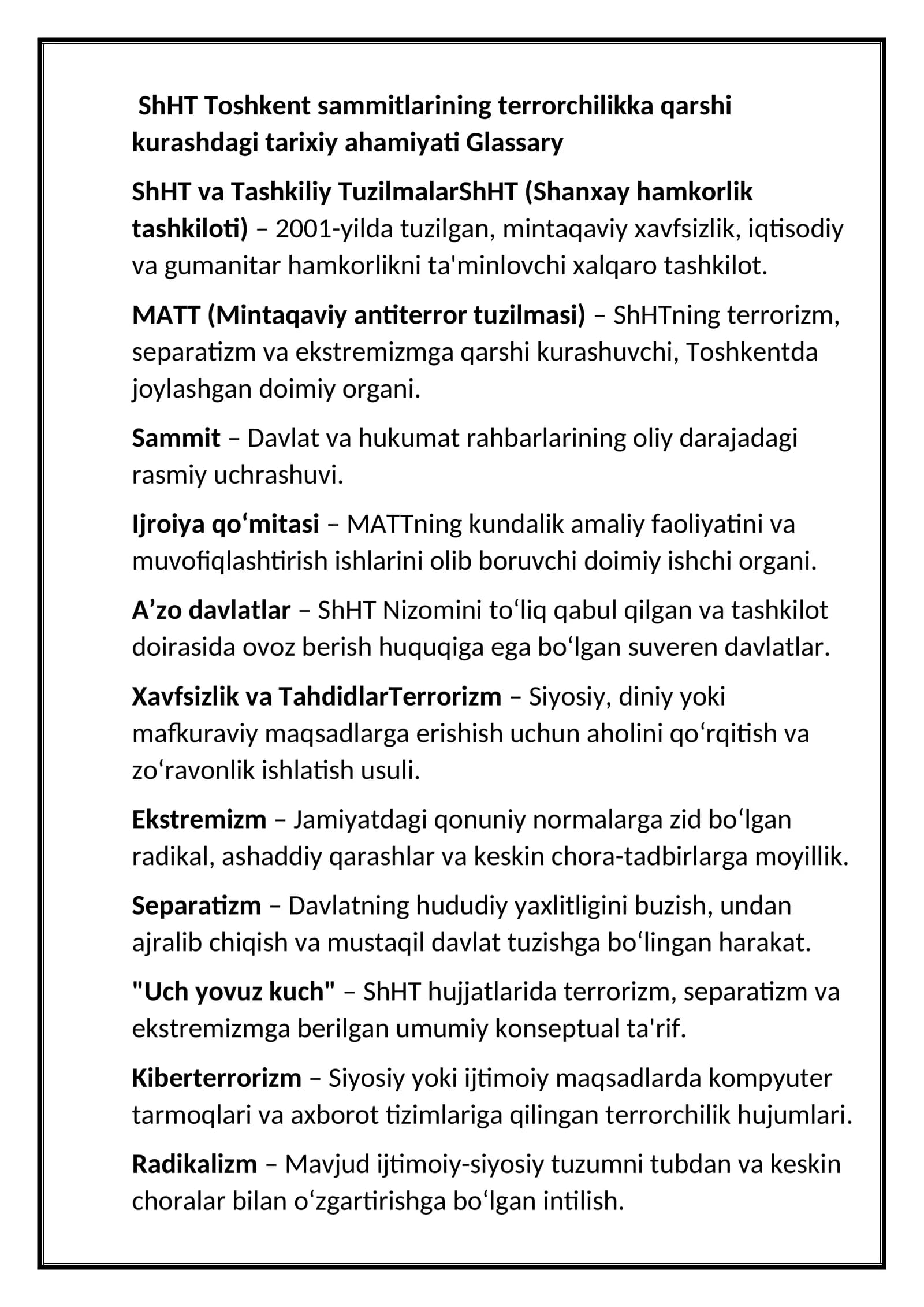 SHHT Toshkent sammitlarinning terorchilikka qarshi kurashdagi tarixiy axamyati.