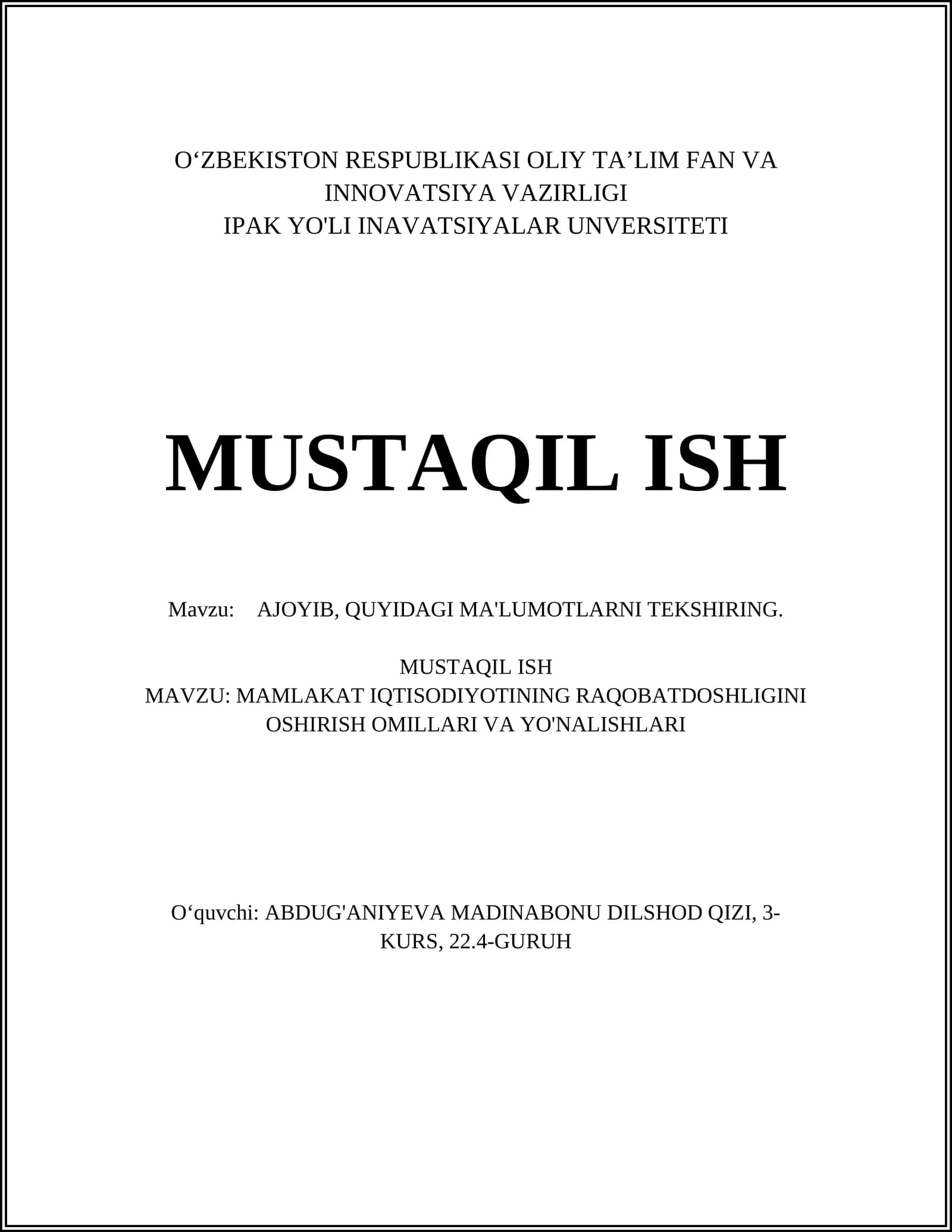MAMLAKAT IQTISODIYOTINING RAQOBATDOSHLIGINI OSHIRISH OMILLARI VA YO'NALISHLARI