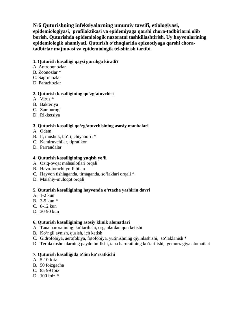 №6 Quturishning infeksiyalarning umumiy tavsifi, etiologiyasi, epidemiologiyasi, profilaktikasi va epidemiyaga qarshi chora-tadbirlarni olib borish