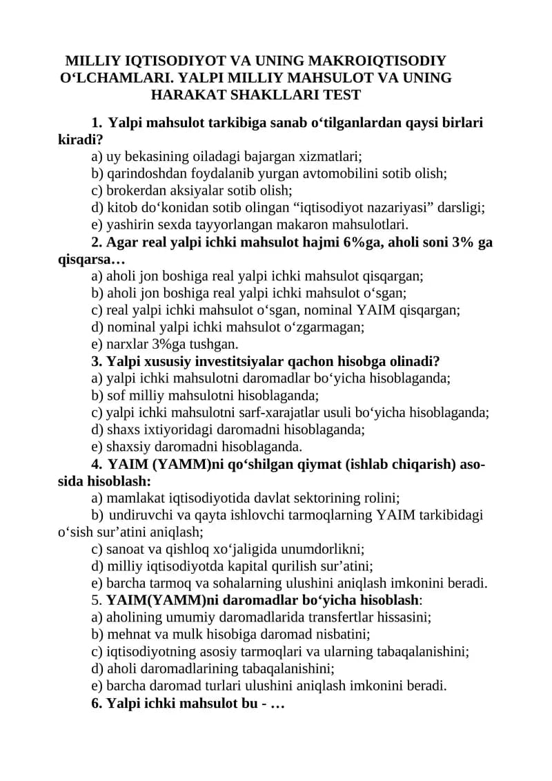 MILLIY IQTISODIYOT VA UNING MAKROIQTISODIY O‘LCHAMLARI
