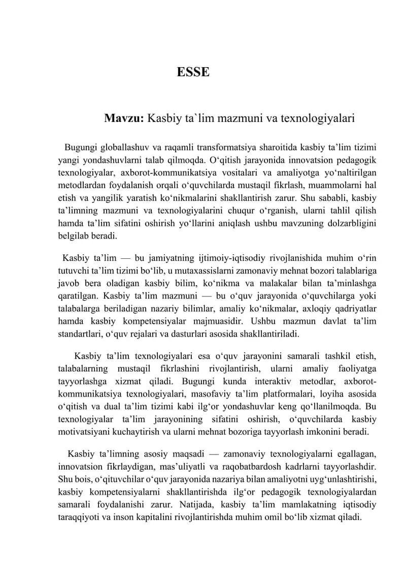 Kasbiy taʼlim mazmuni va texnologiyalari. ESSE