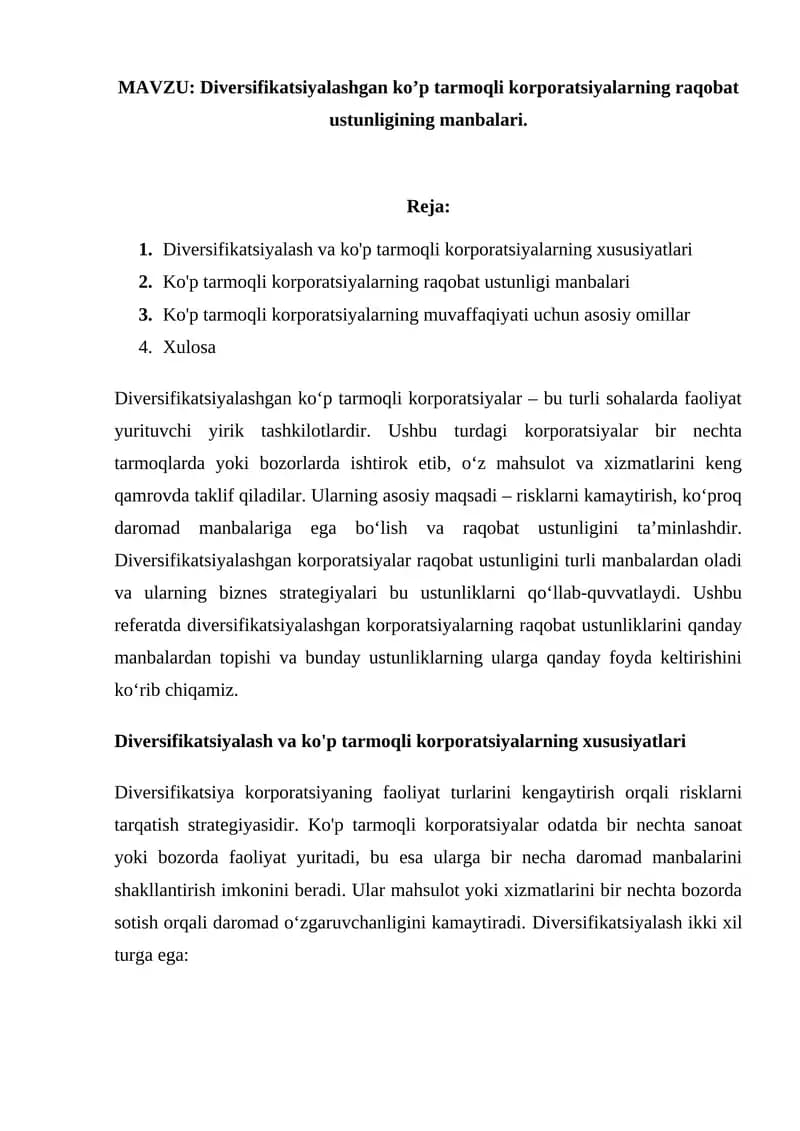 Diversifikatsiyalashgan ko‘p tarmoqli korporatsiyalar