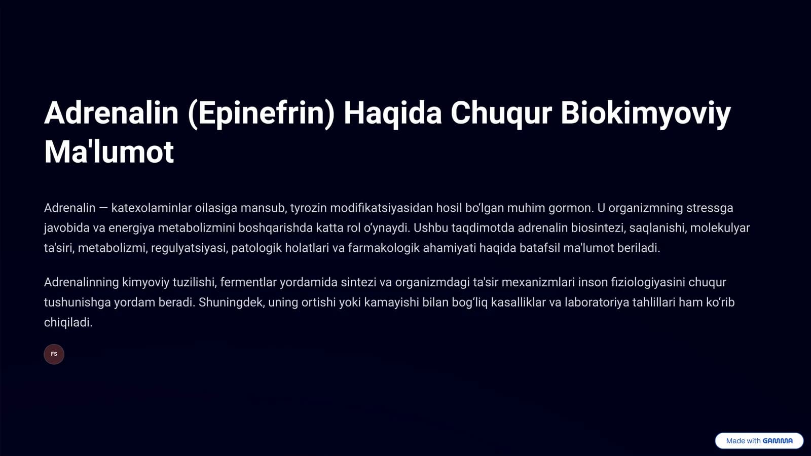 Adrenalin (Epinefrin) Haqida Chuqur Biokimyoviy Ma'lumot