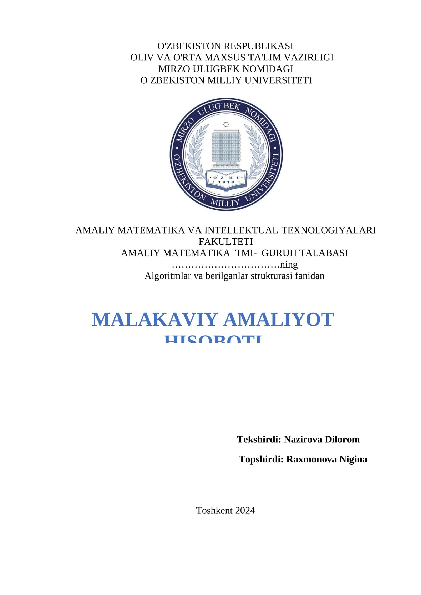 MALAKAVIY AMALIYOT HISOBOTI