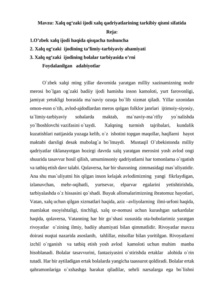 Xalq og‘zaki ijodi xalq qadriyatlarining tarkibiy qismi sifatida