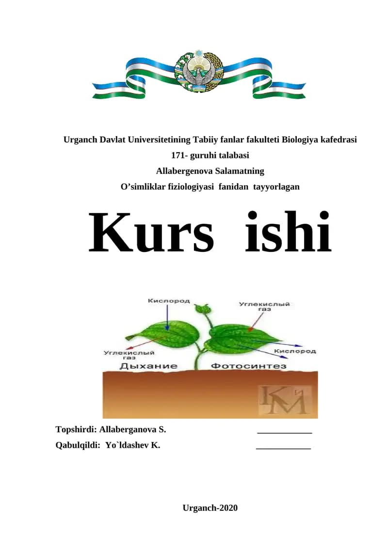 O’simliklar fiziologiyasi fanidan kurs ishi