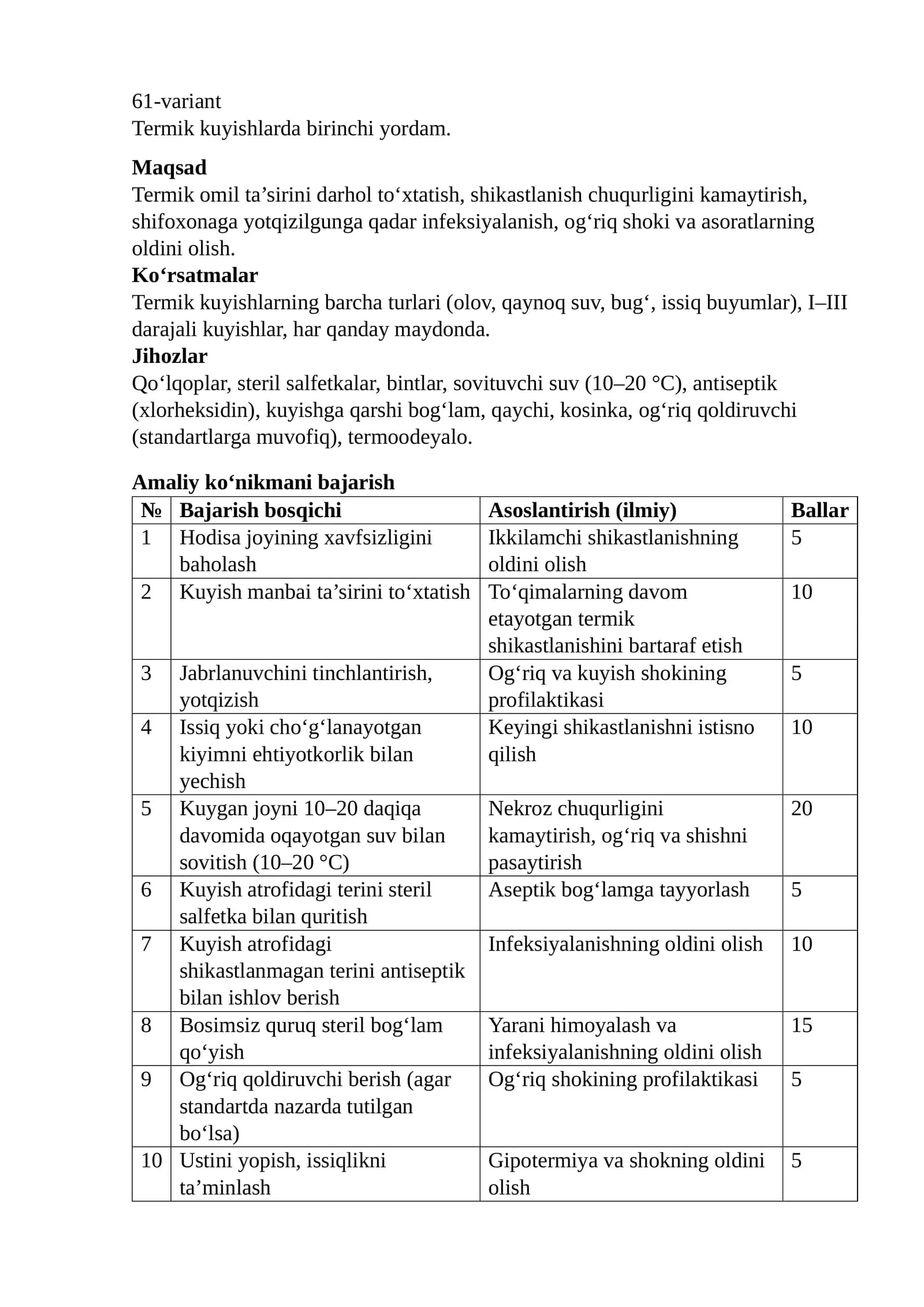 61-variant Termik kuyishlarda birinchi yordam