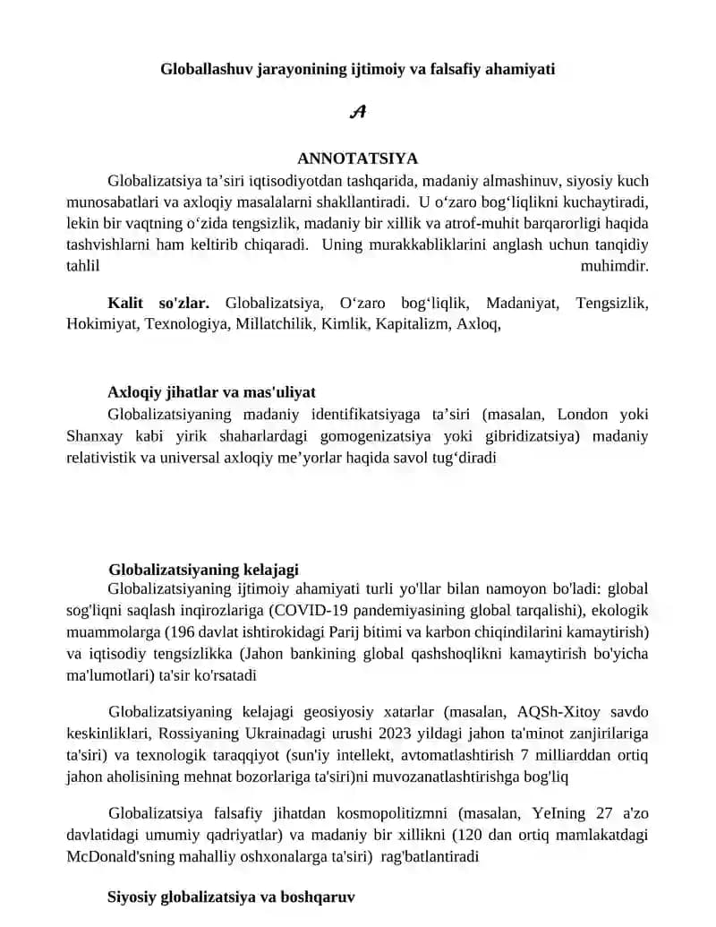 Globallashuv jarayonining ijtimoiy va falsafiy ahamiyati