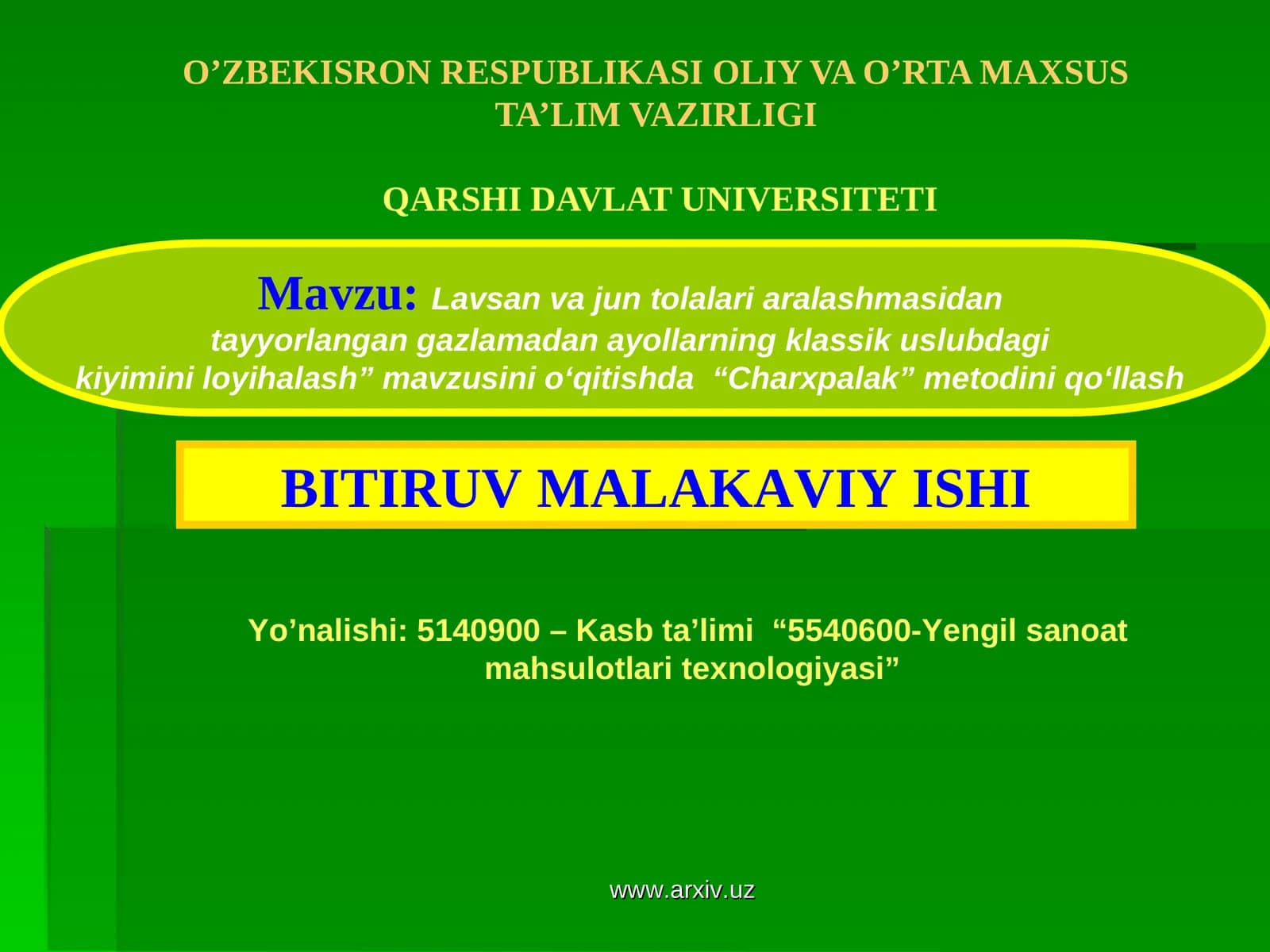 Lavsan va jun tolalari aralashmasidan tayyorlangan gazlamadan ayollarning klassik uslubdagi kiyimini loyihalash”