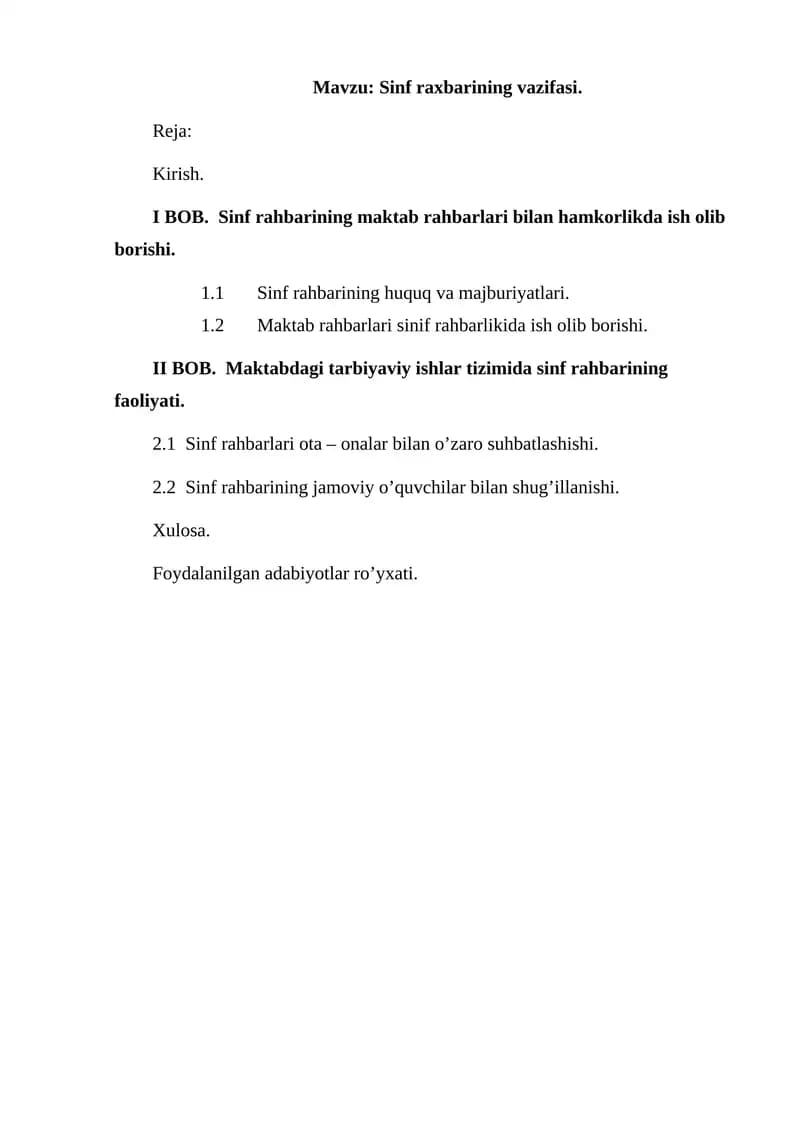 Sinf raxbarining vazifasi
