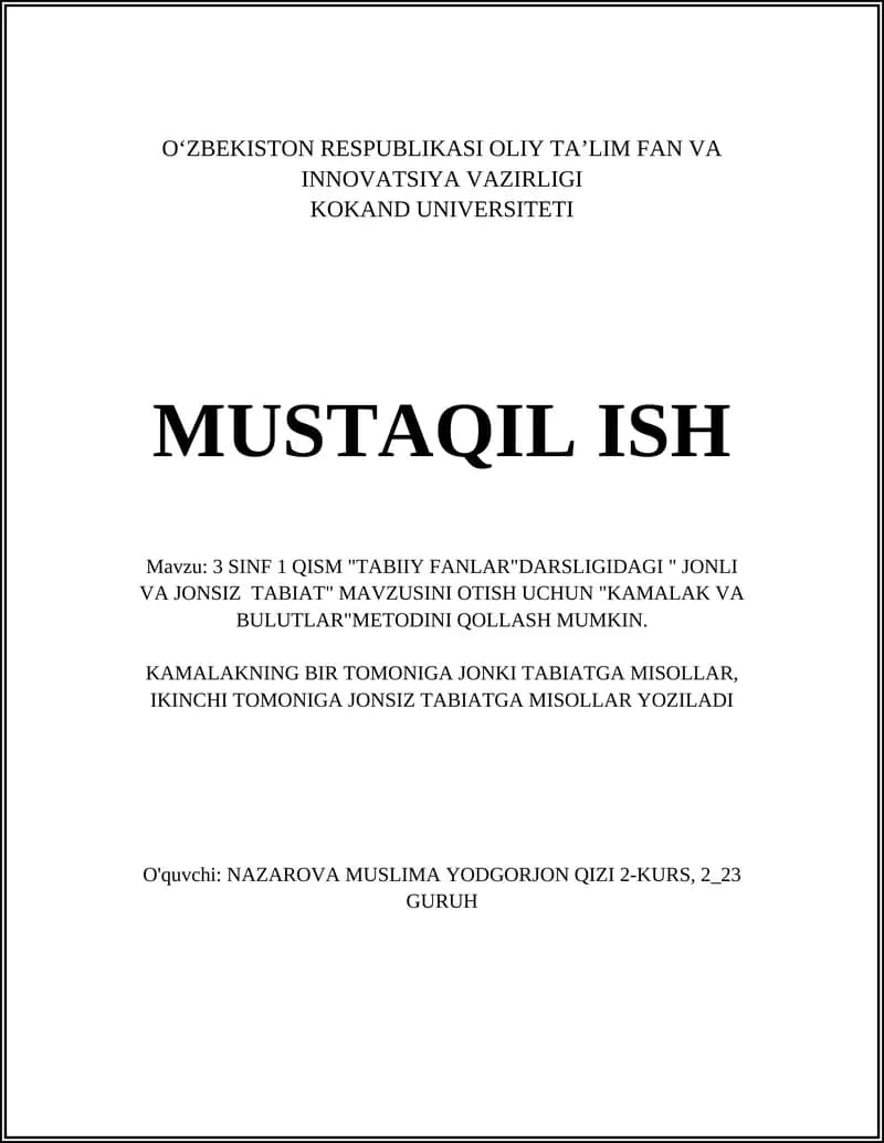 TABIIY FANLAR DARSLIGI "JONLI VA JONSIZ TABIAT"