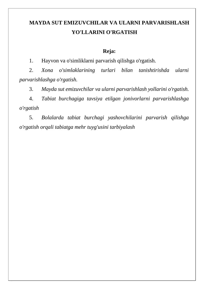MAYDA SUT EMIZUVCHILAR VA ULARNI PARVARISHLASH YO'LLARINI O'RGATISH