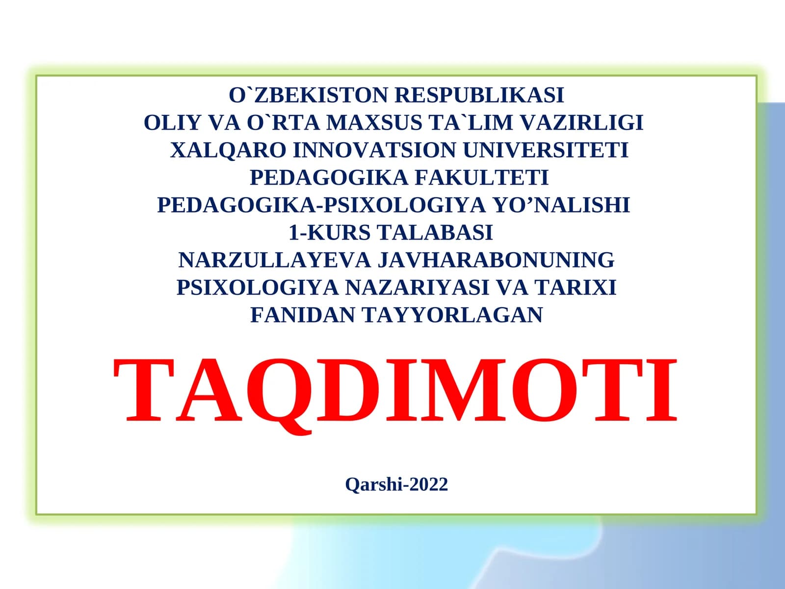 PSIXOLOGIYA NAZARIYASI VA TARIXI TAQDIMOTI