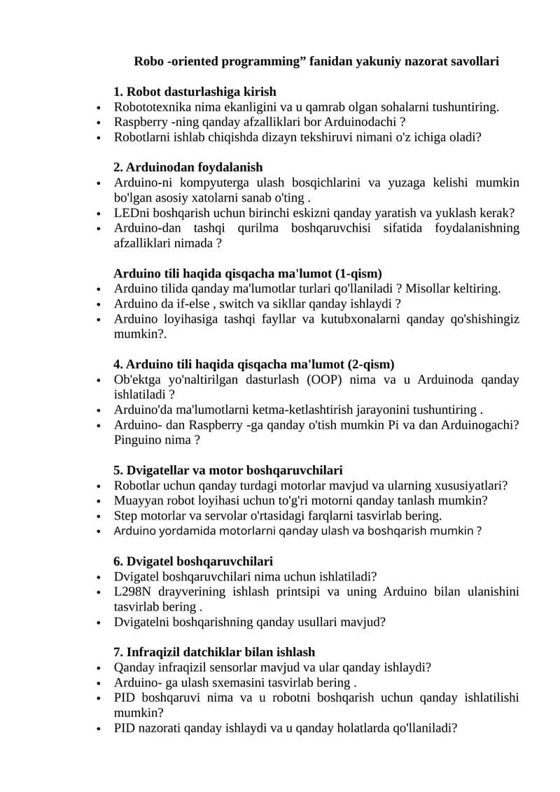 Robo -oriented programming” fanidan yakuniy nazorat savollari
