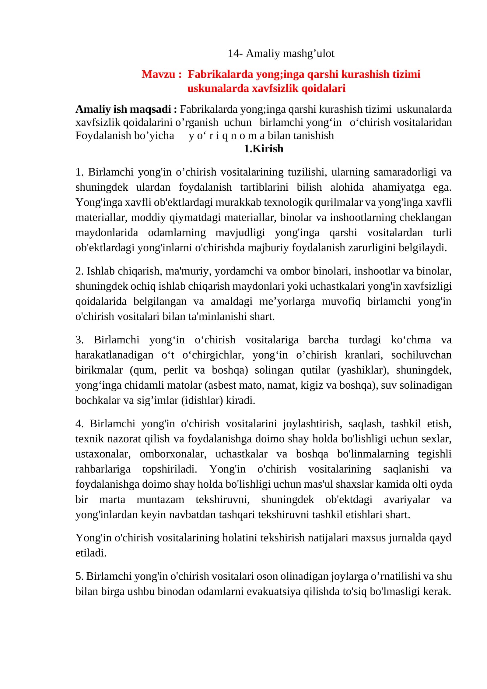 Fabrikalarda yong;inga qarshi kurashish tizimi uskunalarda xavfsizlik qoidalari
