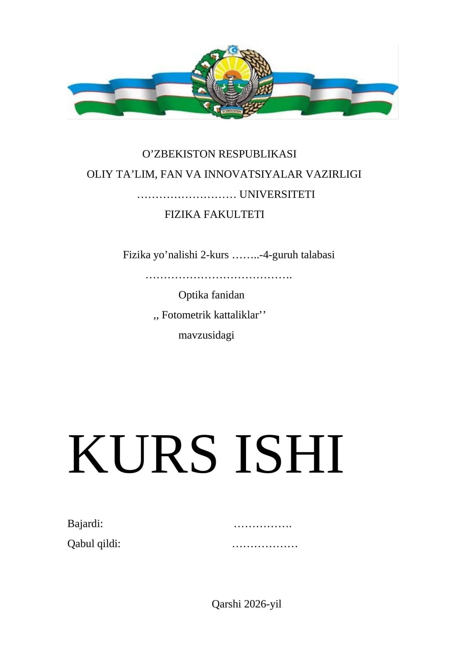 Fotometrik kattaliklar mavzusida tayyor kurs ishi