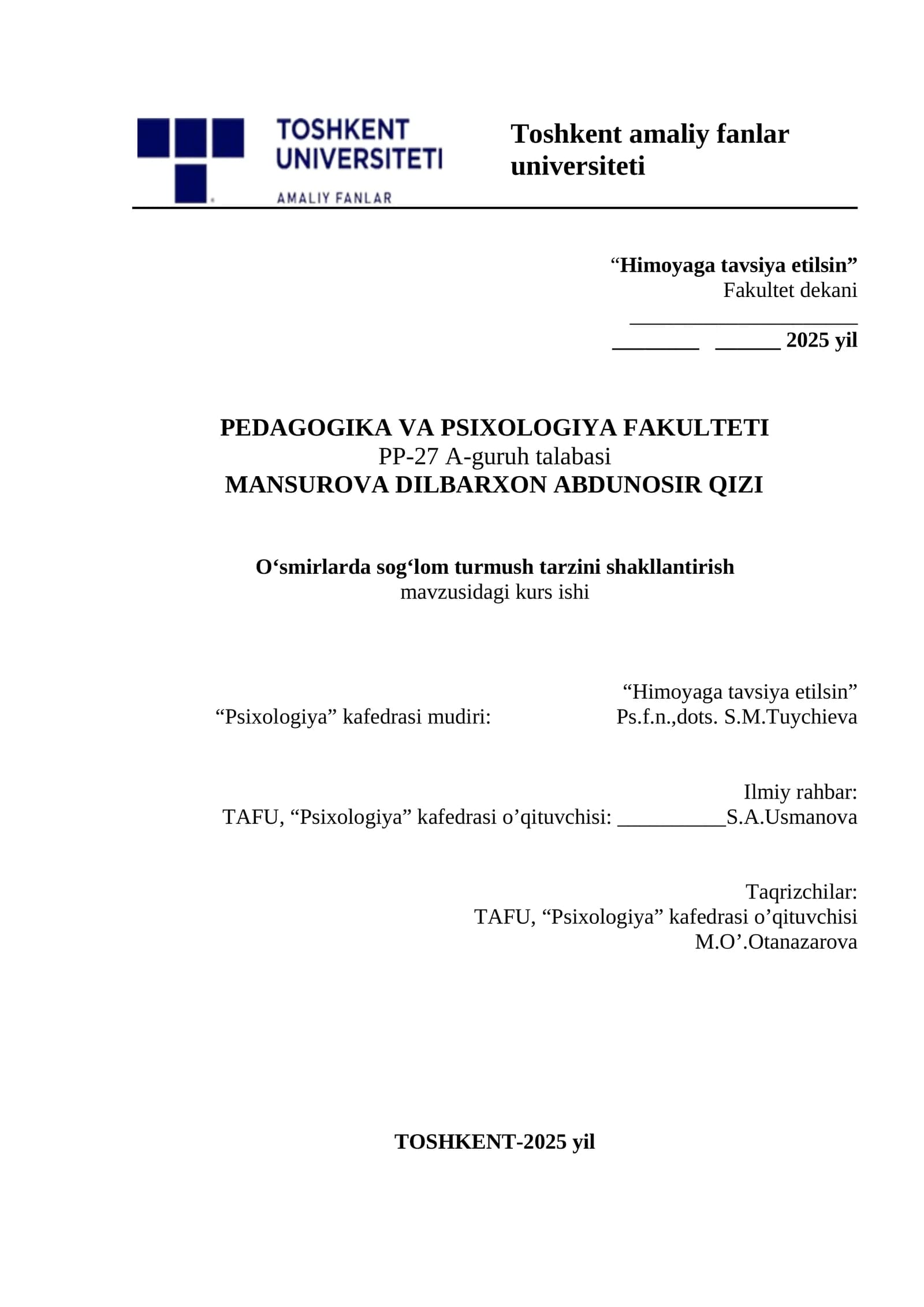 O‘smirlarda sog‘lom turmush tarzini shakllantirish