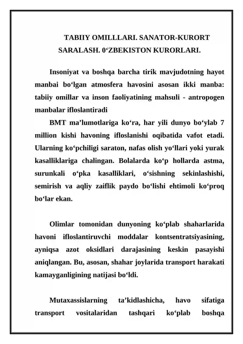 TABIIY OMILLLARI. SANATOR-KURORT SARALASH. 0‘ZBEKISTON KURORLARI