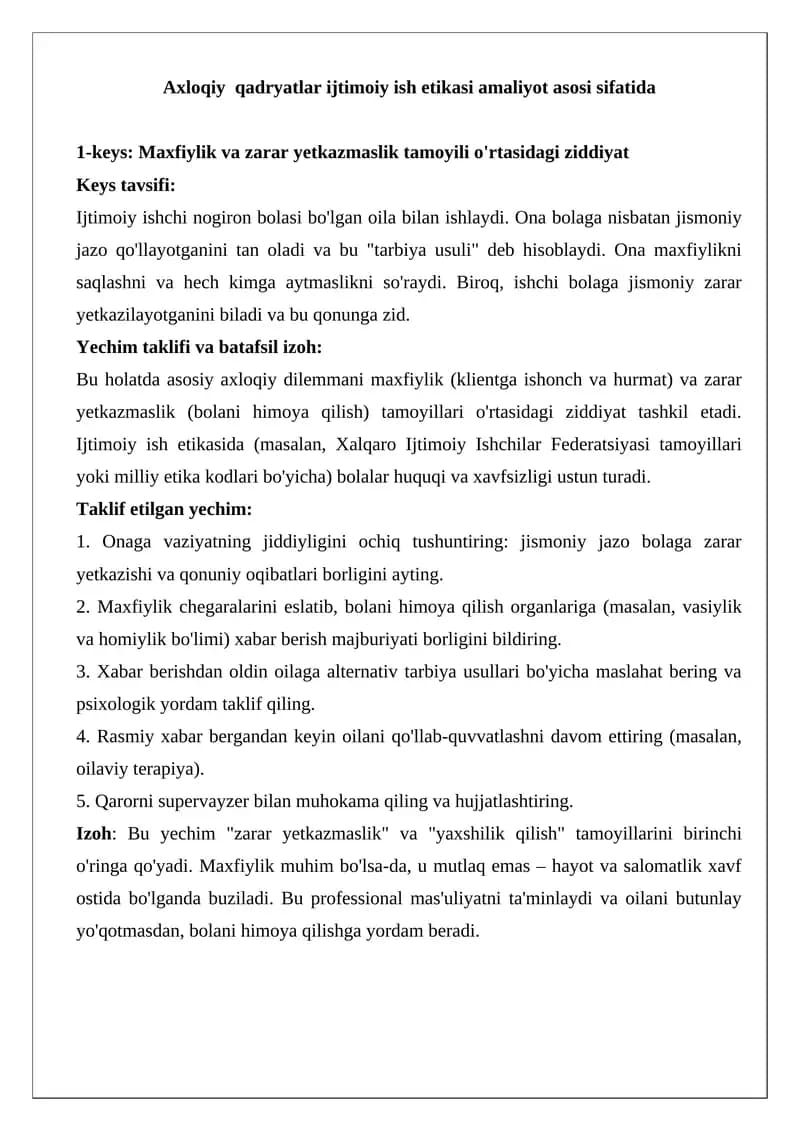 Axloqiy qadryatlar ijtimoiy ish etikasi amaliyot asosi sifatida