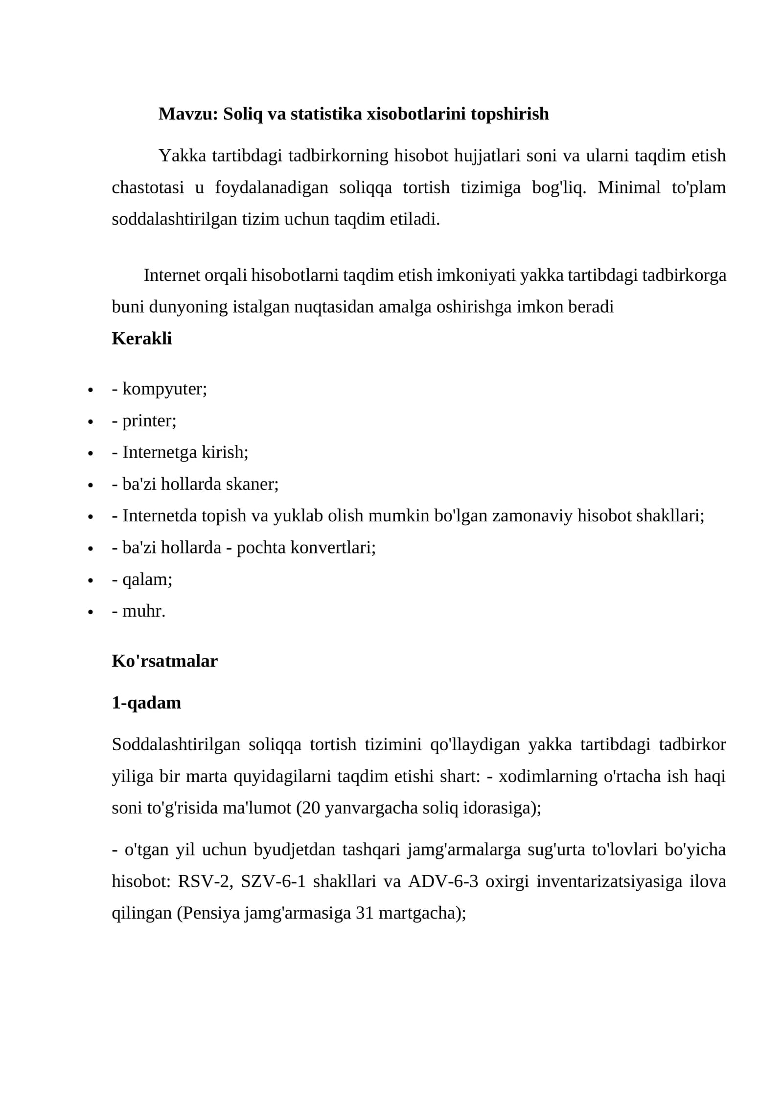 Soliq va statistika xisobotlarini topshirish