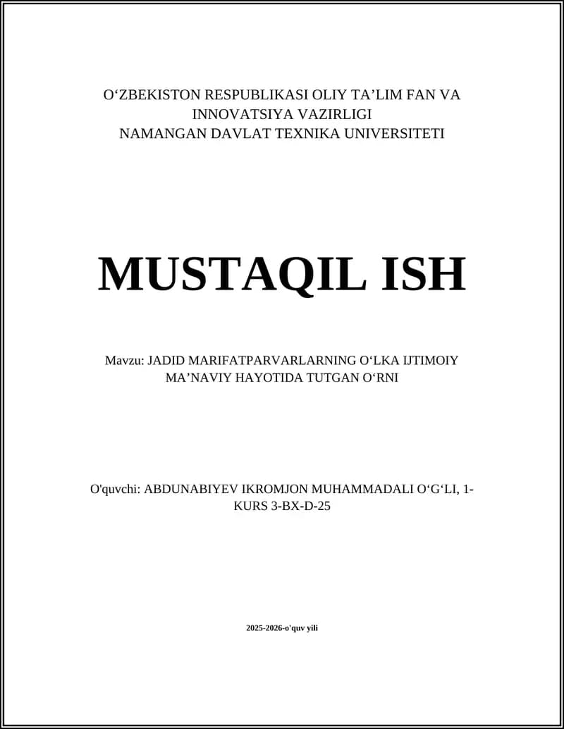JADID MARIFATPARVARLARNING OʻLKA IJTIMOIY MAʼNAVIY HAYOTIDA TUTGAN OʻRNI