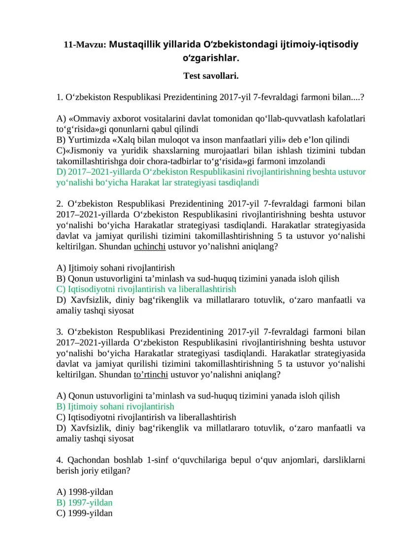 Mustaqillik yillarida O‘zbekistondagi ijtimoiy-iqtisodiy o‘zgarishlar. Test savollari.
