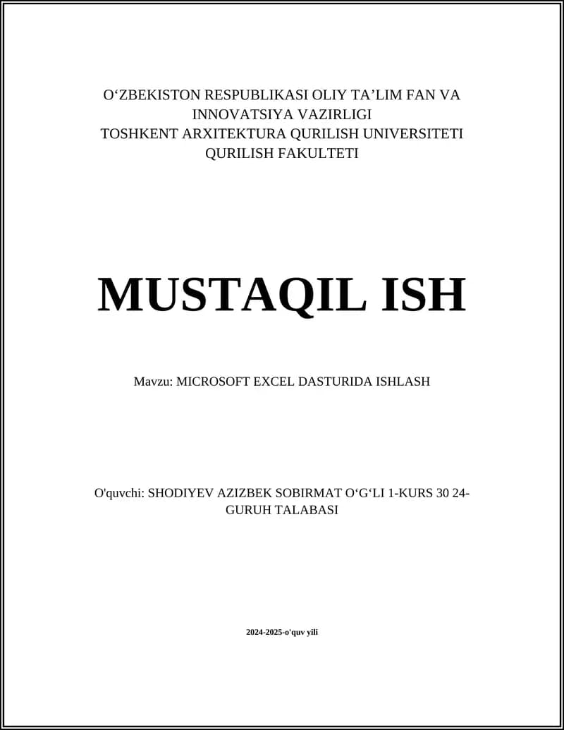 MICROSOFT EXCEL DASTURIDA ISHLASH