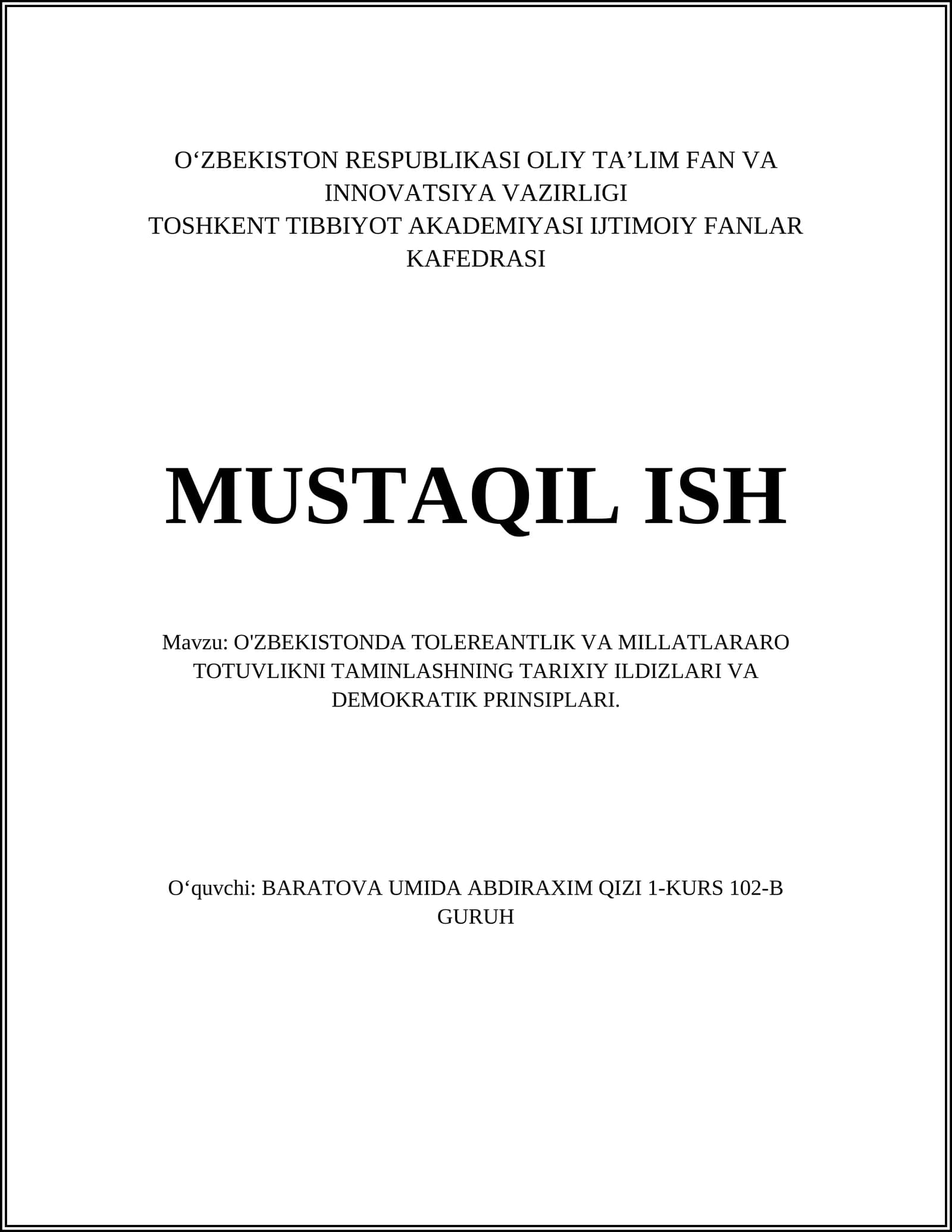 O'ZBEKISTONDA TOLEREANTLIK VA MILLATLARARO TOTUVLIKNI TAMINLASHNING TARIXIY ILDIZLARI VA DEMOKRATIK PRINSIPLARI