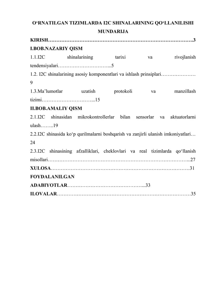 O‘RNATILGAN TIZIMLARDA I2C SHINALARINING QO‘LLANILISHI