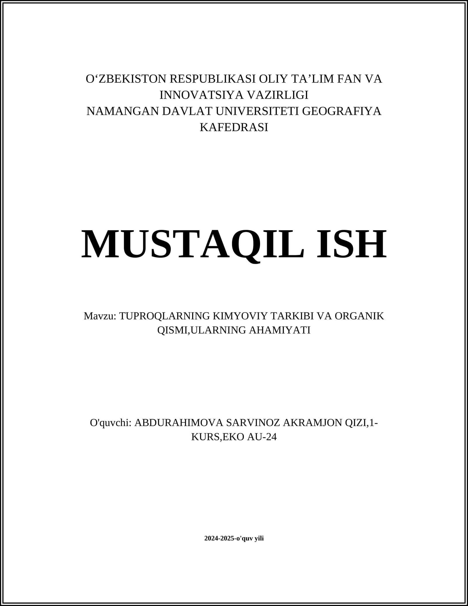 Tuproq kimyoviy tarkibi va organik qismi