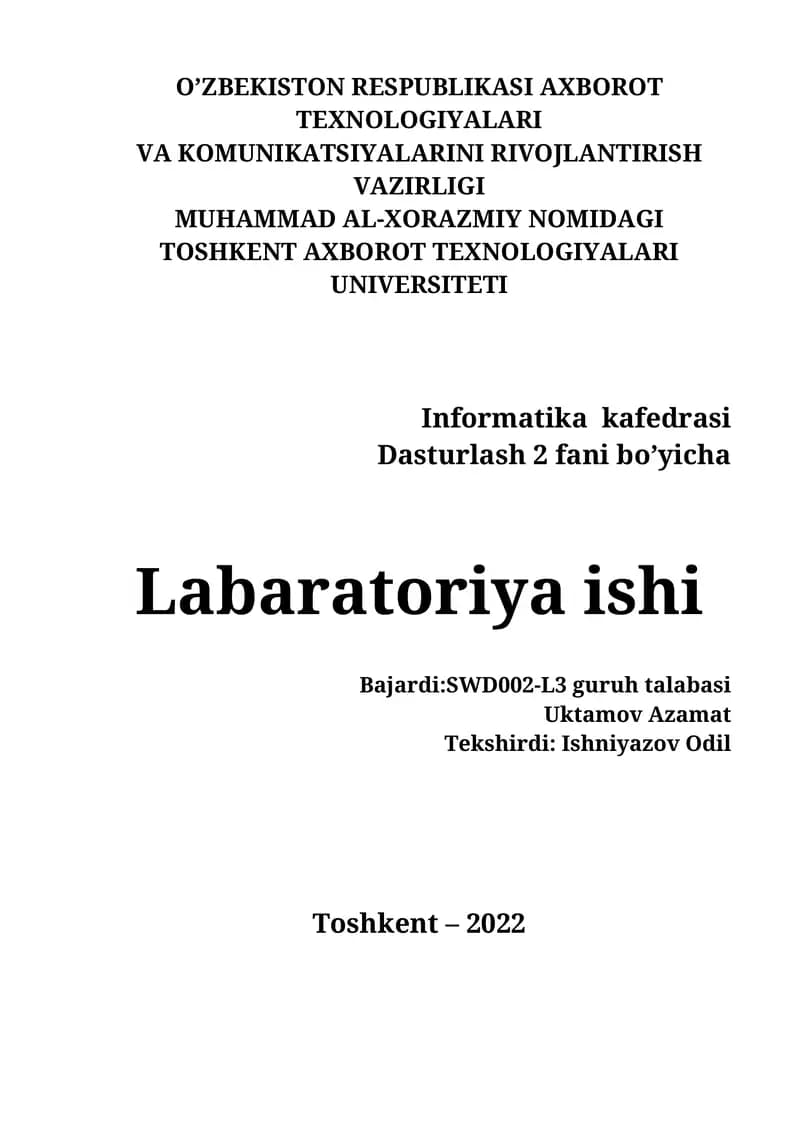 Dasturlash 2 fani bo’yicha Labaratoriya ishi