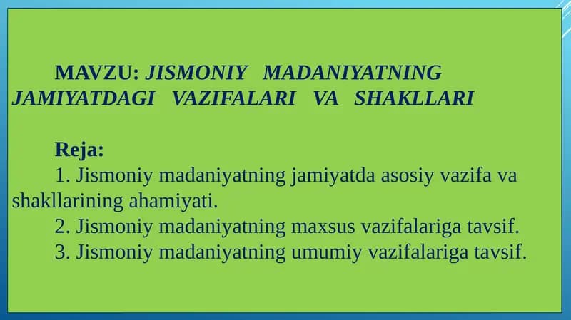 Jismoniy Madaniyatning Jamiiyatdagi Vazifalari va Shakllari