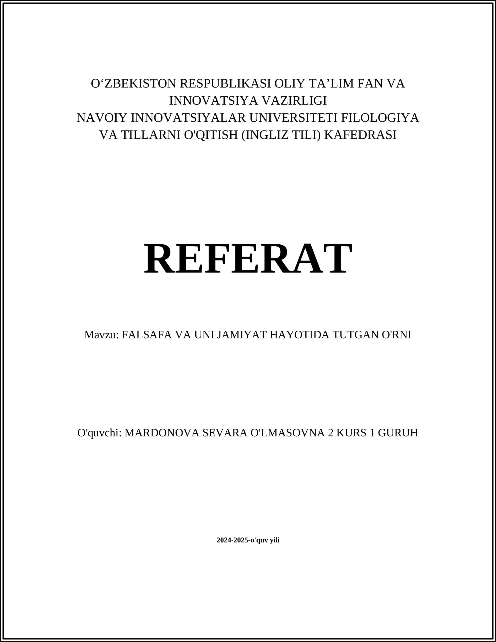 FALSAFA VA UNI JAMIYATIDA TUTGAN O'RNI