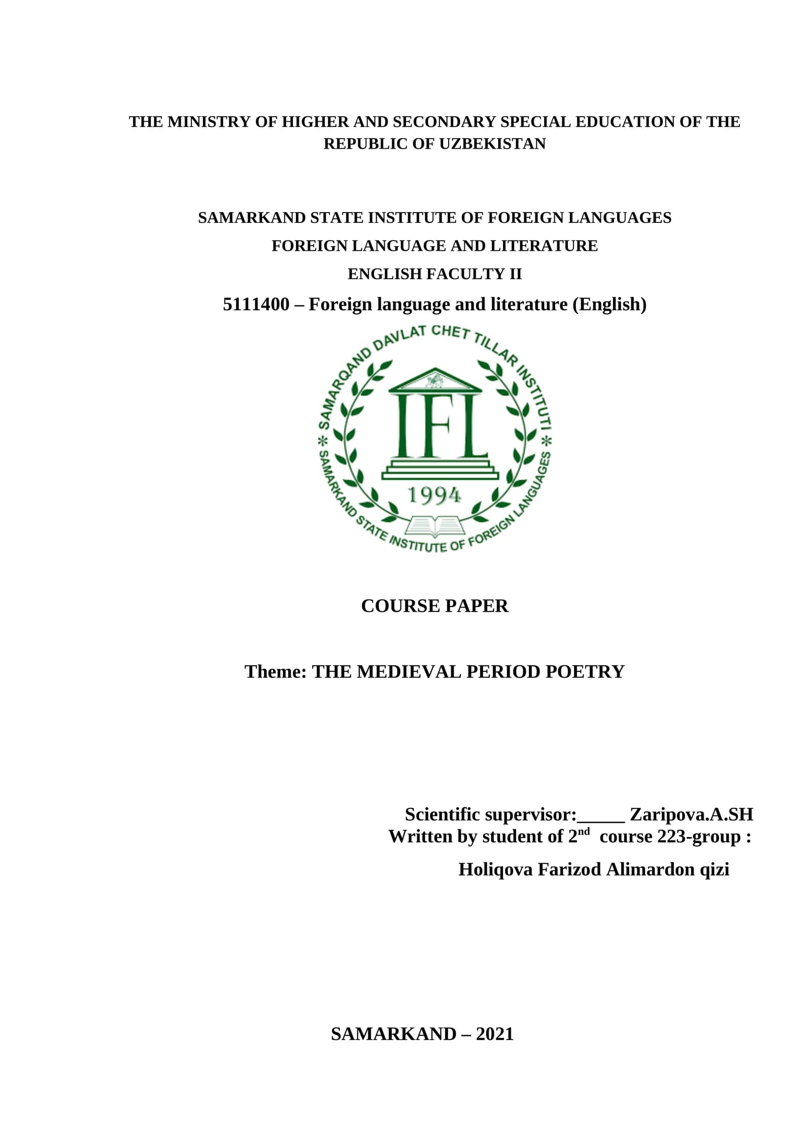 COURSE PAPER ON THE MEDIEVAL PERIOD POETRY