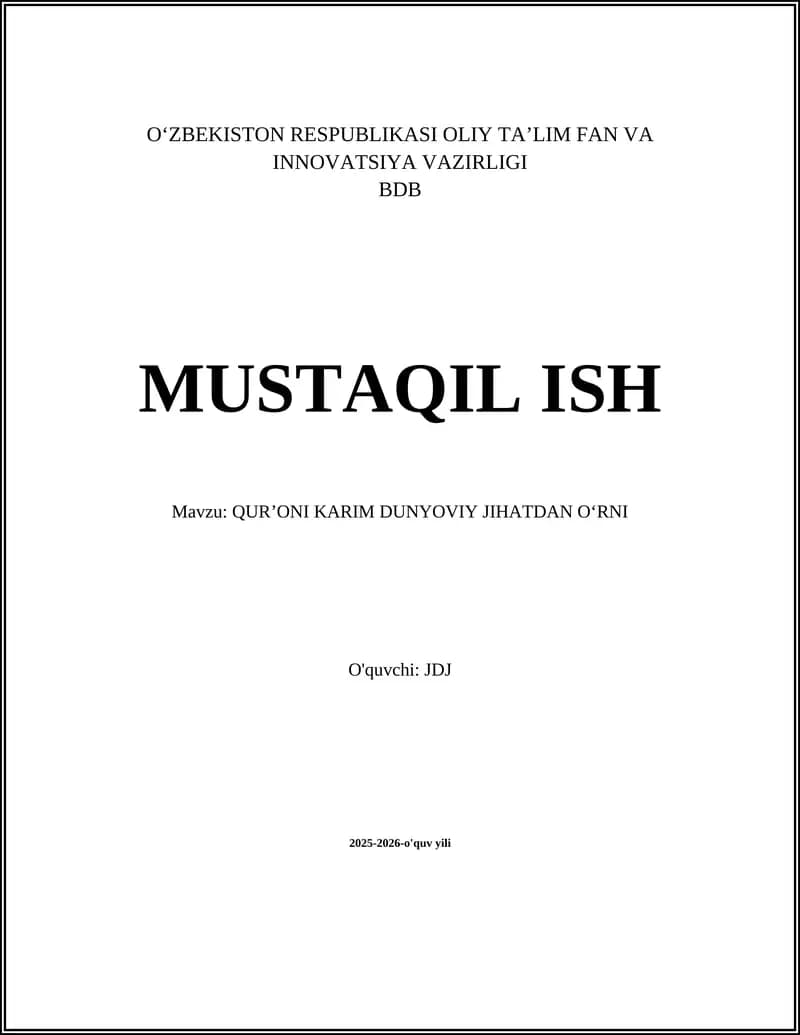 QURʼONI KARIM DUNYOVIY JIHATDAN OʻRNI