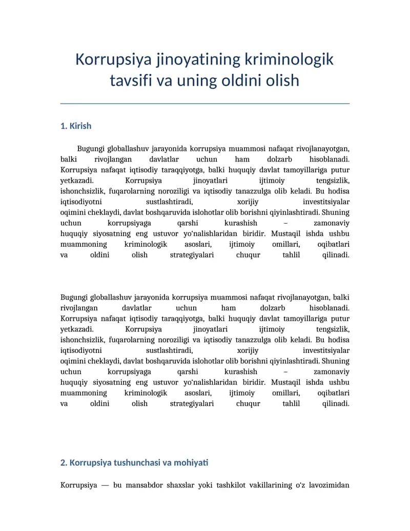 Korrupsiya jinoyatining kriminologik tavsifi va uning oldini olish