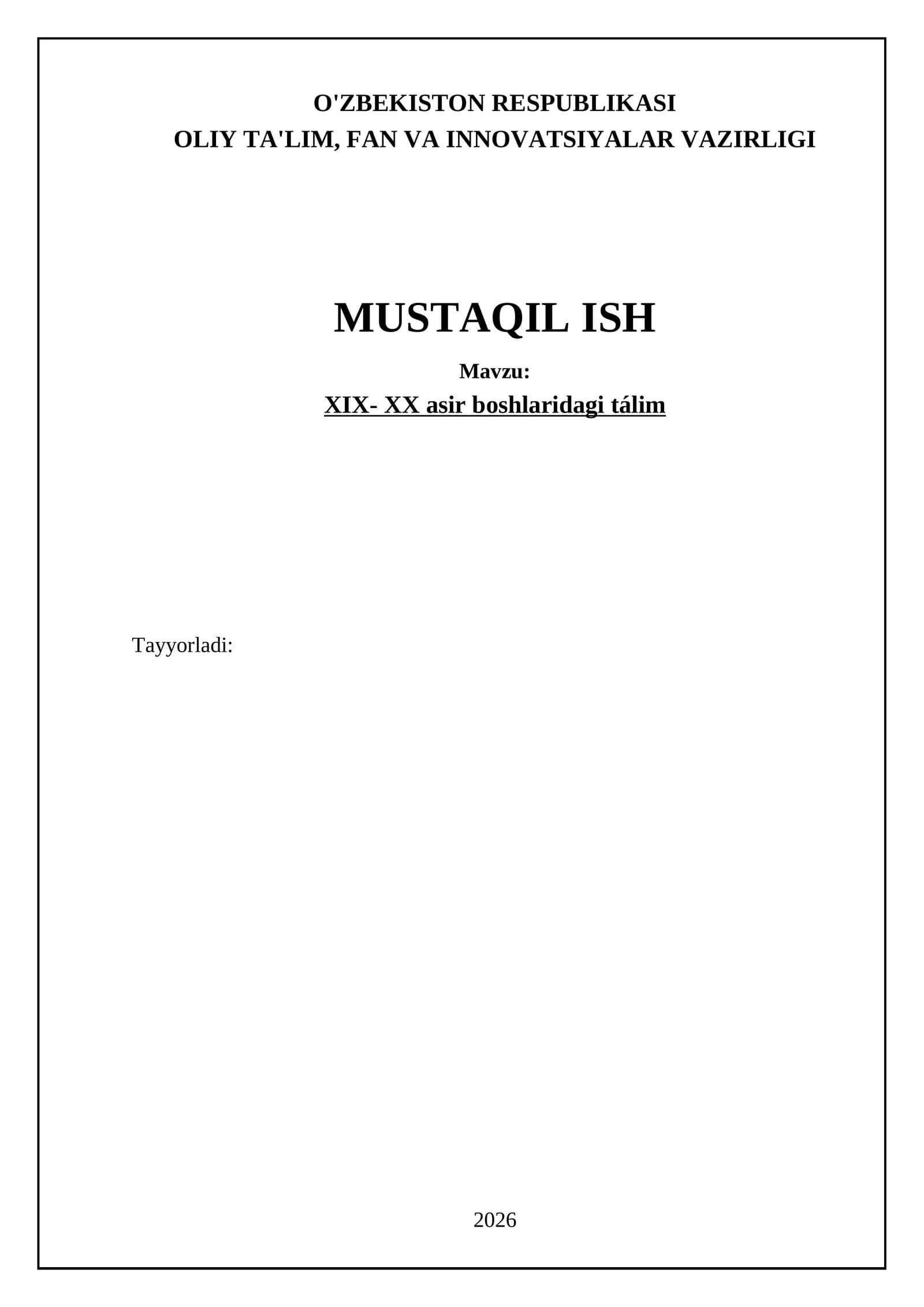 XIX- XX asr boshlaridagi tálim