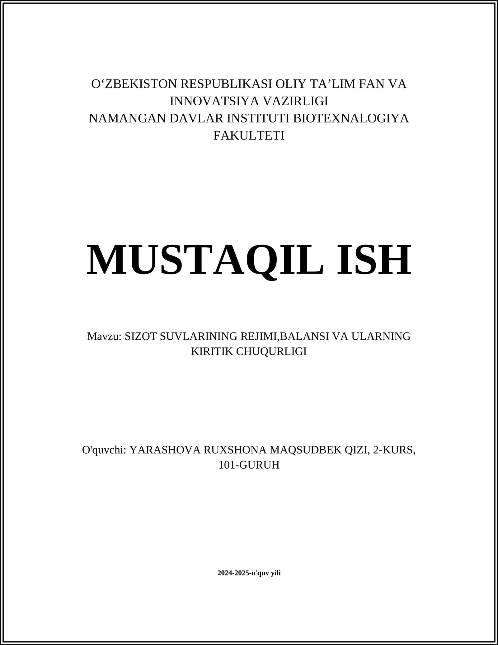 SIZOT SUVLARINING REJIMI,BALANSI VA ULARNING KIRITIK CHUQURLIGI