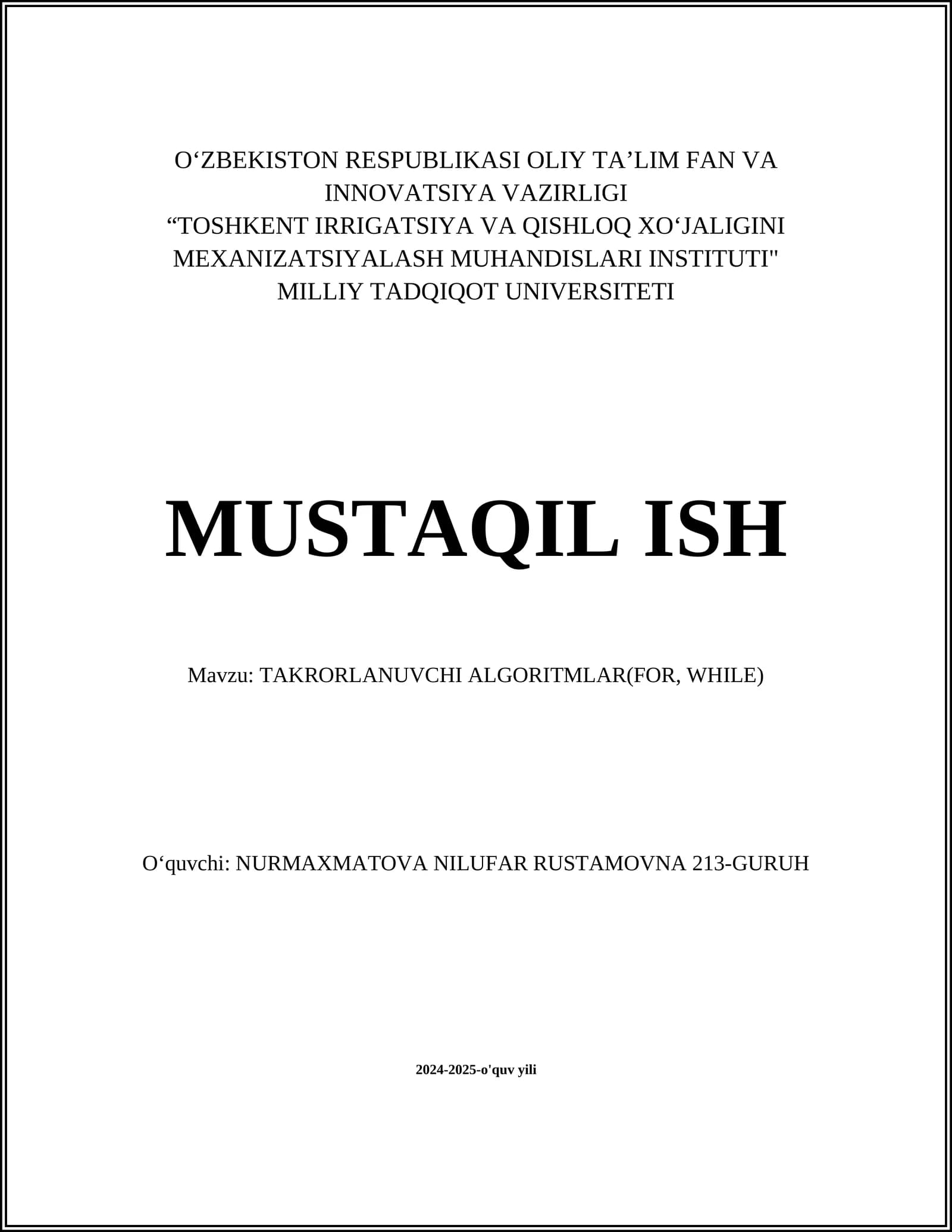 TAKRORLANUVCHI ALGORITMLAR(FOR, WHILE)