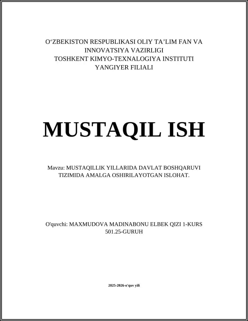 MUSTAQILLIK YILLARIDA DAVLAT BOSHQARUVI TIZIMIDA AMALGA OSHIRILAYOTGAN ISLOHAT